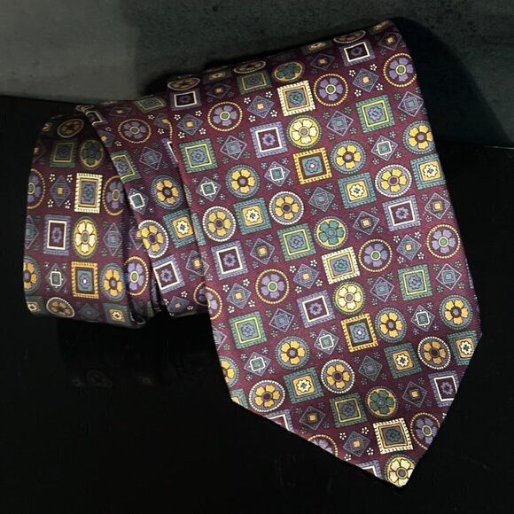 Dior Mid Century Modern Baroque tapestry Neckwear Tie 100% All Silk Boho Maroon - Picture 4 of 4